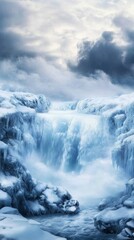 Frozen waterfall, icy rocks, winter landscape.