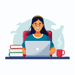 Minimal flat vector of teenager using laptop for study – digital learning cartoon on white background