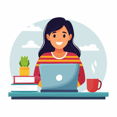 Minimal flat vector of teenager using laptop for study – digital learning cartoon on white background