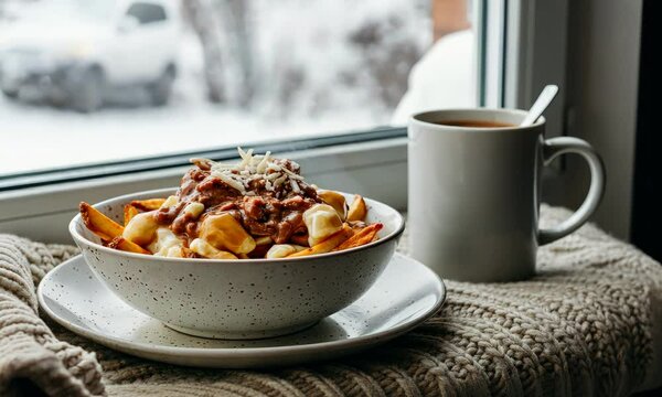 Delicious poutine and hot drink by window during winter, cozy comforting