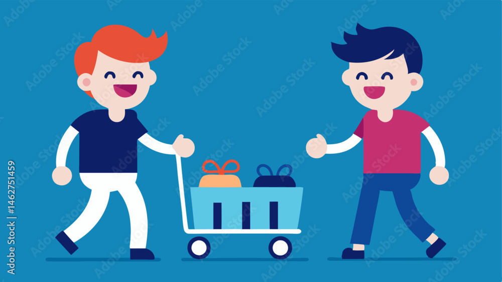 Poster lively conversation two friends laughing and racing side by side with their carts exchanging friendl