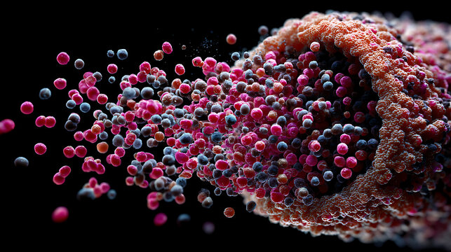 Mast cell degranulation occurs as histamine vesicles burst, releasing colorful particles into surrounding space, creating dynamic and vibrant scene of cellular activity