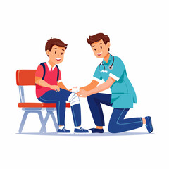 Fototapeta premium A minimal flat vector of a school nurse applying a bandage to a student’s scraped knee in the school infirmary, white background