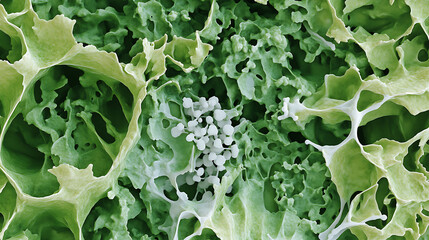 Lush green leaf structure showcasing intricate cellular patterns and textures, highlighting beauty of nature design. vibrant greens and delicate formations evoke sense of tranquility and life