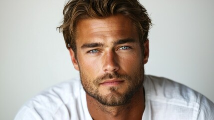 Obraz premium Close-up portrait of a man with light brown hair, light skin, and striking blue eyes. He wears a white shirt
