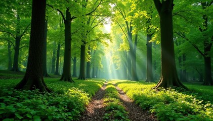 Naklejka premium Sun-dappled beech forest floor, lush green canopy, flora, biodiversity