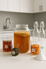 Kombucha fermentation process with ingredients and equipment displayed on kitchen counter
