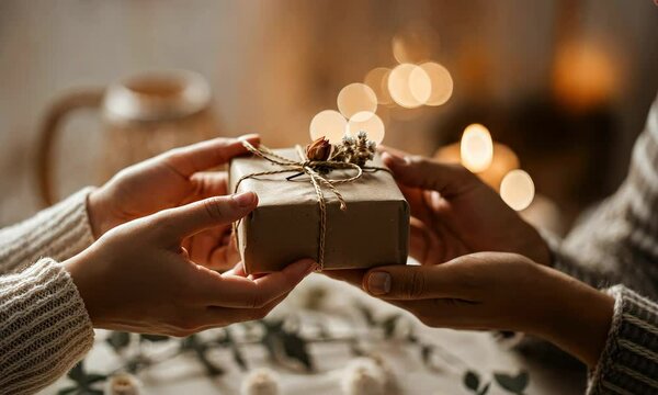 Close-up of hands exchanging gift wrapped in brown paper, holiday lights background