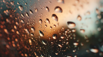Raindrops on window reflecting orange sunset