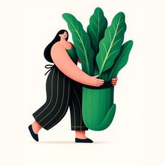 A smiling woman carries giant leafy greens, celebrating healthy eating and harmony with nature through exaggeration. Generated AI.