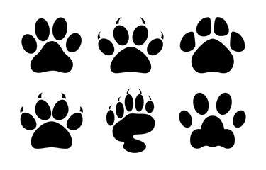 Animal footprint set of six different style foot marks in black color. Silhouette of animal footprint vector collection. Paw print of dog, cat, puppy pet footprint elements for pattern design.
