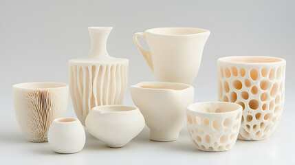 A collection of handcrafted ceramic vessels displaying diverse organic textures and forms. Ideal for minimalist decor or artistic display.