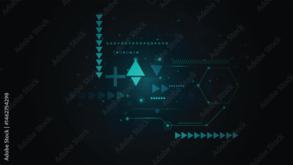 Poster modern digital background featuring glowing arrows geometric icons and tech patterns in blue tones i