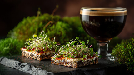 Delicious bites of savory snacks topped with fresh microgreens, served alongside dark beverage, create delightful culinary experience. vibrant colors and textures invite enjoyment