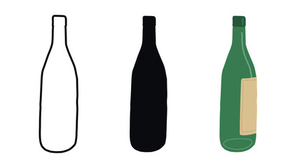 Minimalist Glass Empty Wine Bottle Art in Outline, Silhouette, Colored Styles. Concept of Beverage Packaging, Beer Bottle Design, Simple Modern Graphics. Isolated on White Background. Set