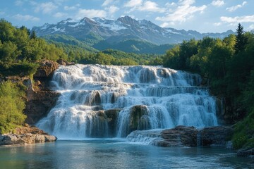 Serene multi-tiered waterfall cascading down rocky cliffs, with snow-capped mountains in the background.