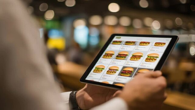 A person browses a digital menu with burgers on a tablet in a modern restaurant setting.