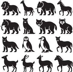 Wild Animal Silhouette Vector Icons – Set of Black Jungle, Forest, and Arctic Animal Shapes Including Lion, Elephant, Penguin, Wolf, and Horse for Logo Design, Infographics, and Educational Use
