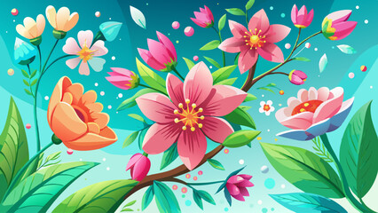 Beautiful spring nature background with lovely blossom, petal a on turquoise blue background , top view, frame. Springtime concept.