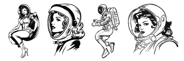 Vintage line art drawing style of a woman wearing an astronaut space outfit