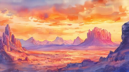 Naklejka premium Vibrant sunset casts an array of warm oranges and purples over a vast desert landscape. Rugged rock formations stand tall against a backdrop of distant mountains and colorful sky