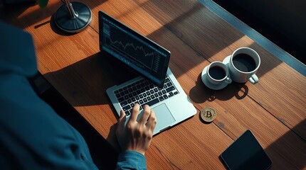 A person working at a wooden desk, laptop open displaying financial data, and coffee cups