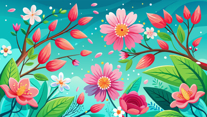 Fototapeta premium Beautiful spring nature background with lovely blossom, petal a on turquoise blue background , top view, frame. Springtime concept.