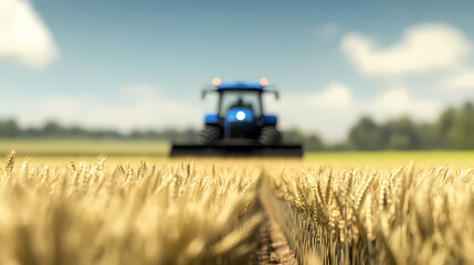 A blue tractor works in a golden wheat field under a partly cloudy sky, representing modern agriculture and rural life.