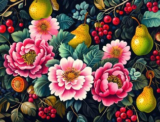Vibrant floral and fruit pattern with rich color palette.  Intricate detailed design featuring pears,  peonies, berries, and other botanicals