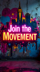 text="Join the Movement" on a graffiti street art background with colorful scribbles, stencils and cityscape silhouettes. 