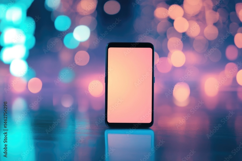 Aufkleber a smartphone with a peach-colored screen stands on a reflective surface against a blurred background
