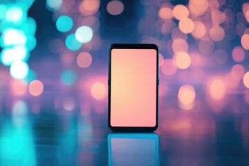 A smartphone with a peach-colored screen stands on a reflective surface against a blurred background of colorful bokeh lights.