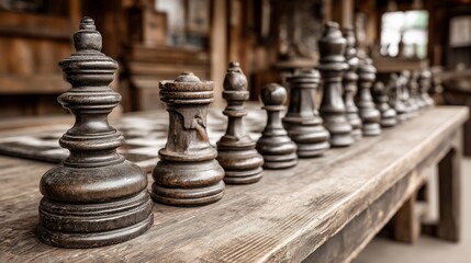 Antique wooden chess pieces lined up