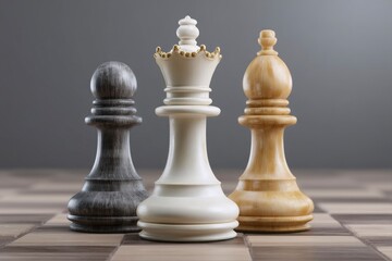 Elegant Chess Pieces: Queen, Pawn, and Bishop in Classic Style