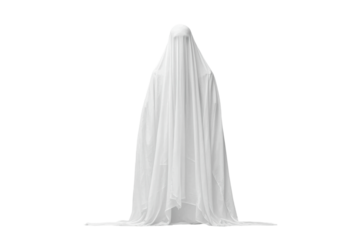 Ghostly figure in white sheet costume with covered face, cut out - stock png.