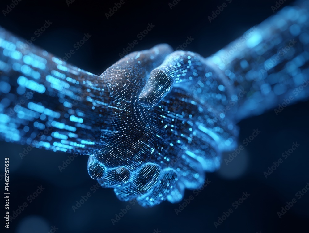 Poster digital handshake symbolizing technological partnership and innovation in business
