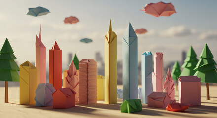 Colorful origami cityscape with buildings, trees, and clouds against a bright sky.