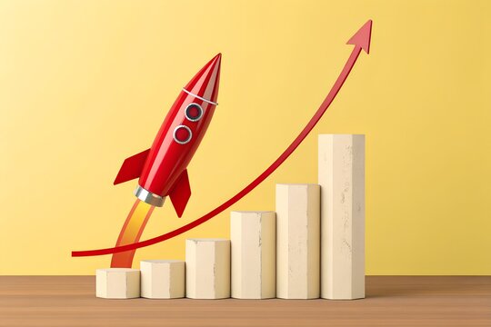 Business growth and success concept featuring a red rocket taking off and a rising bar chart