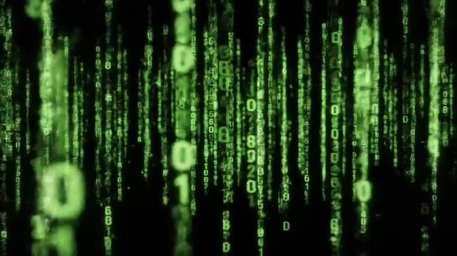 Digital binary code cascading in green hues against a dark backdrop  
