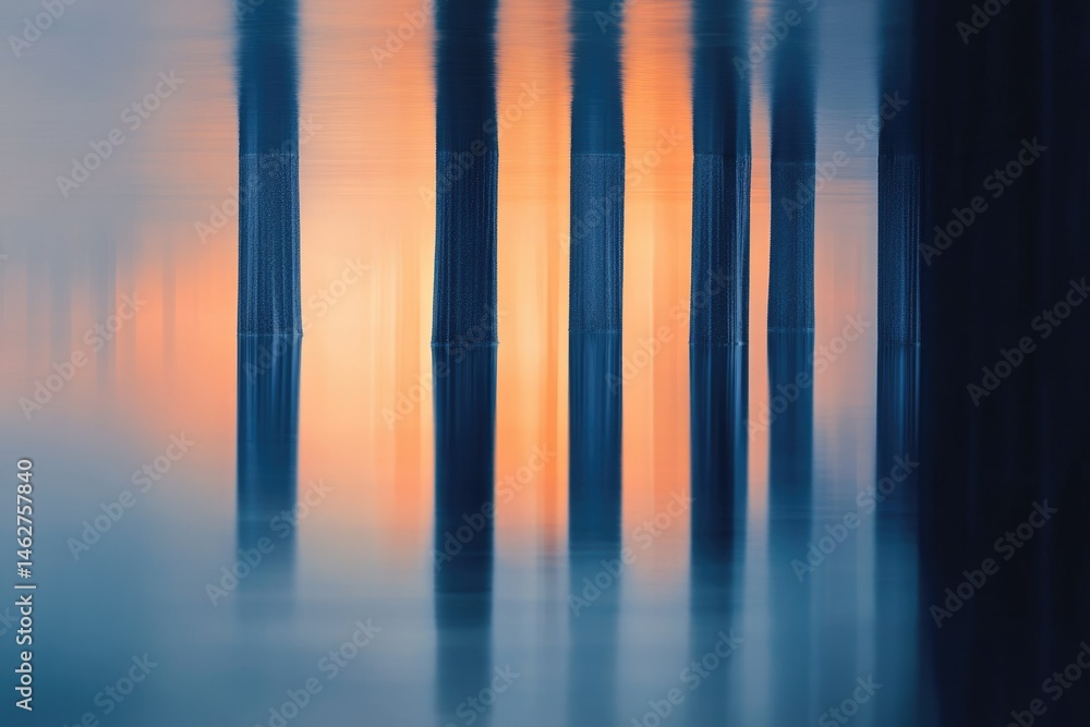 Poster abstract reflection of pillars in calm water during a vibrant sunset, creating a serene and artistic