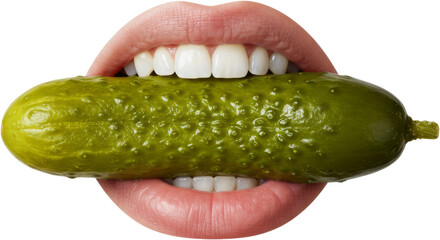 Close-up of a mouth biting a pickle, featuring glossy lips, white teeth, and detailed texture—ideal for bold food concepts, edgy advertising, or humorous visual content