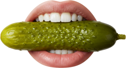 Close-up of a mouth biting a pickle, featuring glossy lips, white teeth, and detailed texture—ideal for bold food concepts, edgy advertising, or humorous visual content