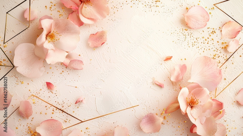 Poster soft pink flower petals are scattered gracefully across a light textured surface, creating a calming