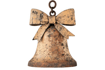 Rustic vintage metal bell with weathered bow decor, cut out - stock png.