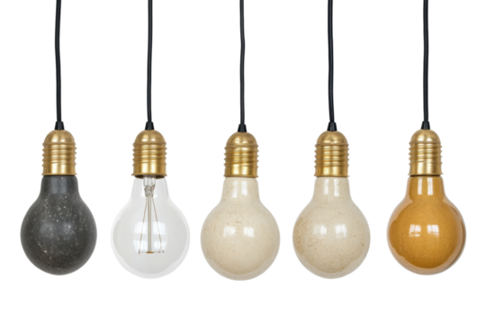 Assorted vintage light bulbs hanging in a row, cut out - stock png.