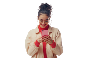 Young hispanic female using smartphone with joyful expression, cut out - stock png.