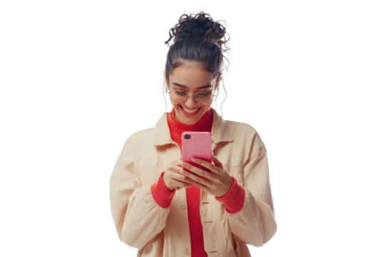 Young hispanic female using smartphone with joyful expression, cut out - stock png.
