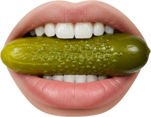 Close-up of a mouth biting a pickle, featuring glossy lips, white teeth, and detailed texture—ideal for bold food concepts, edgy advertising, or humorous visual content