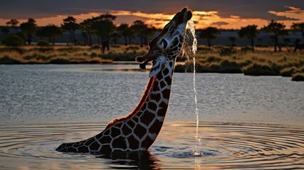 Giraffe lowers long neck to water at sunset representing adaptation vulnerability natural beauty and interaction with environment in wild world