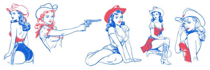 Plakat A set of vintage retro pin up style woman wearing western cowboy costume. line art illustration style
